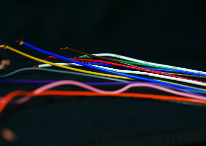 Close up of colourful wires attached to a cable assembly with label printed on the wire.